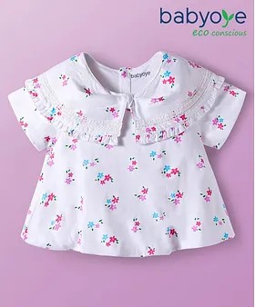 Babyoye Cotton Knit Half Sleeves Floral Printed Top With Frill & Lace Detailing - White